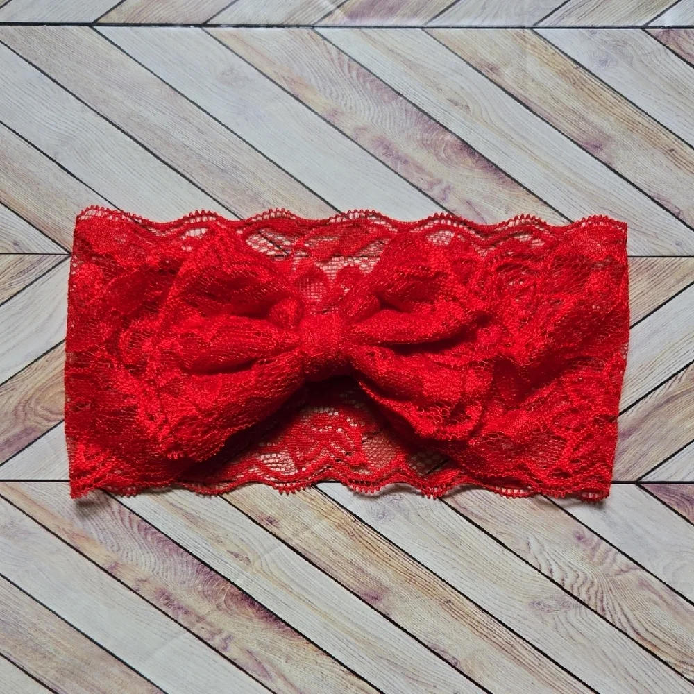 Kids Lace Bowknot Red White Headbands Elastic Bow Headwrap Girls Hairband